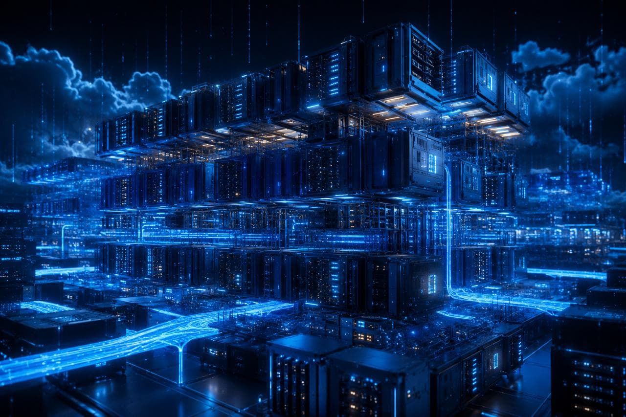 Glowing blue and green digital code streams flowing across a screen