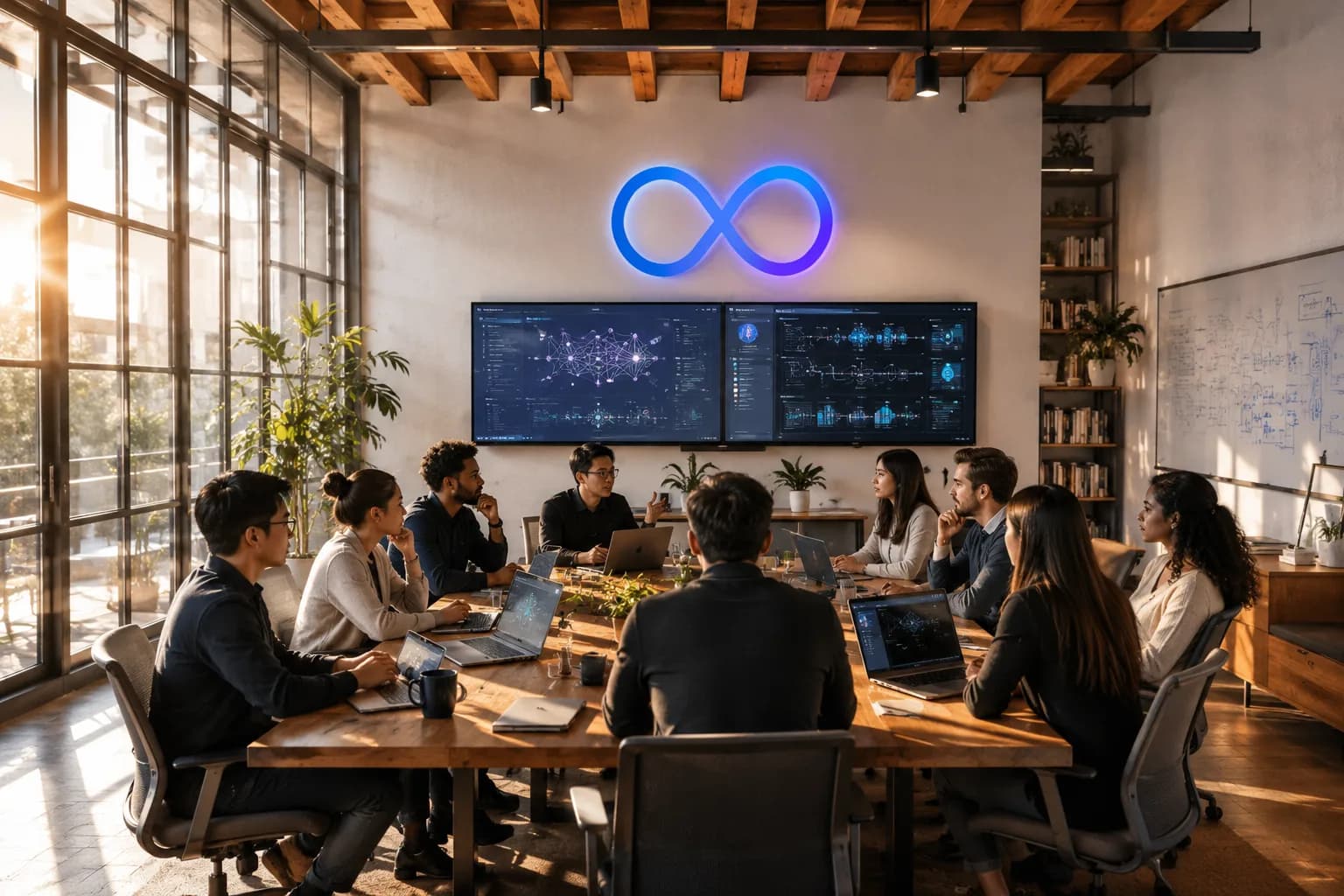 The Anveeksha team in a working session, with the Anveeksha logo displayed on the wall behind them